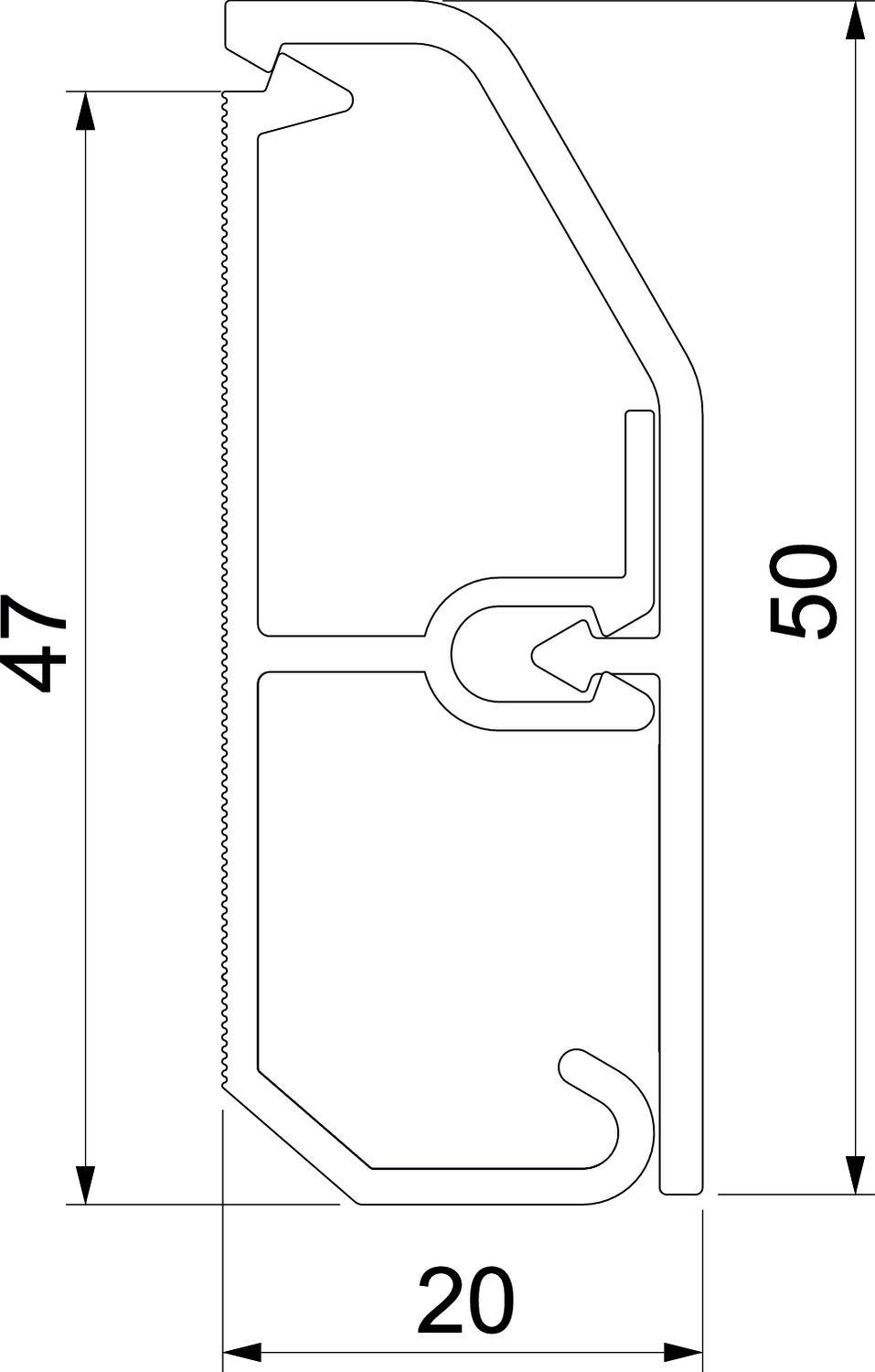 Technische Zeichnung eines Aluminiumprofils mit den Maßen 47 mm x 50 mm und einer Breite von 20 mm. Gezeigt wird der Querschnitt.