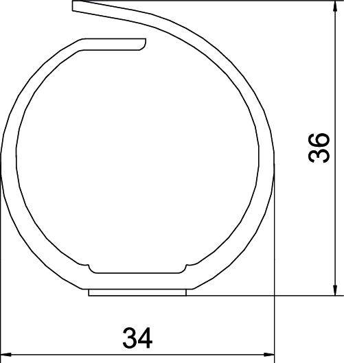 Querschnitt einer runden Metallprofil-Rohrstruktur mit den Maßen 36 mm Höhe und 34 mm Breite.