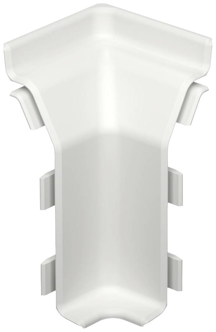 Kunststoff-Eckstück in Weiß für die Verbindung von Fußleisten in einem Winkel. Geeignet für saubere und ästhetische Kantenübergänge.