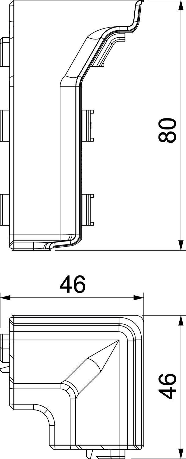 Technische Zeichnung eines Geräts mit Abmessungen: Höhe 80 mm, Breite 46 mm, Tiefe 46 mm. Zeigt Details der Seitenansicht.