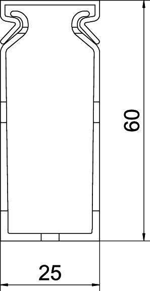 Technische Zeichnung eines Querschnitts: ein rechteckiges Objekt mit den Maßen 25 mm Breite und 60 mm Höhe.