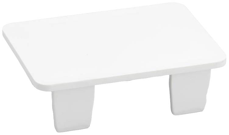 Weiße, rechteckige Kunststoffabdeckung mit zwei Befestigungsstiften, vermutlich zur Abdeckung von Löchern oder Steckdosen.