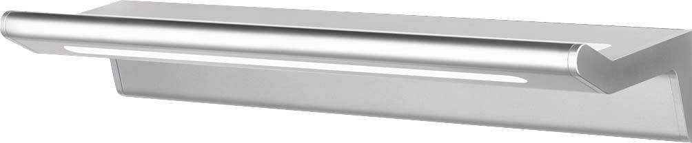 Eine moderne, silberne LED-Wandleuchte mit einem geradlinigen, minimalistischen Design, die gleichmäßiges Licht abgibt.