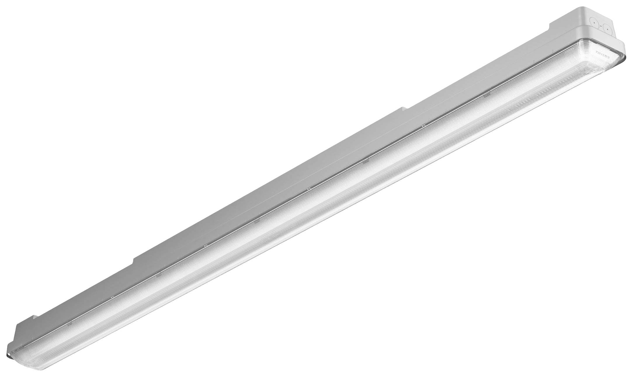 Längliche LED-Leuchte in einem schlichten, modernen Design, vor einem neutralen Hintergrund. Ideal für Büros oder Industriebereiche.