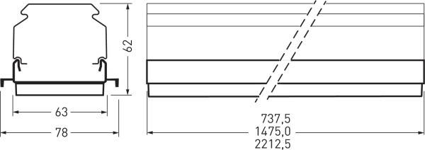 Technische Zeichnung eines Profils mit Maßen: Höhe 62 mm, Breite 63 mm, Gesamtlänge 2212,5 mm. Seiten- und Frontansicht gezeigt.