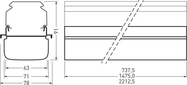 Technische Zeichnung eines Profilschnitts mit Bemaßungen: Höhe 91, Breite 78, Längen gestaffelt in 737,5 mm, 1475,0 mm, 2212,5 mm.