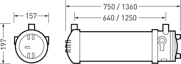Technische Zeichnung eines zylindrischen Behälters mit Maßen: Länge 750/1360 mm, Durchmesser 157 mm, Höhe 197 mm. Seiten- und Vorderansicht.