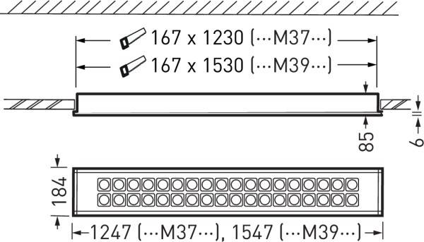 Technische Zeichnung eines rechteckigen Lüftungsgitters mit Maßen. Maße: 167 x 1230 mm und 167 x 1530 mm. Tiefe 85 mm, Breite 184 mm.