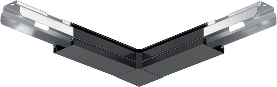 Eckverbindung eines schwarzen Aluminiumprofils, häufig verwendet für Rahmen oder strukturelle Kanten in Architektur oder Möbelbau.