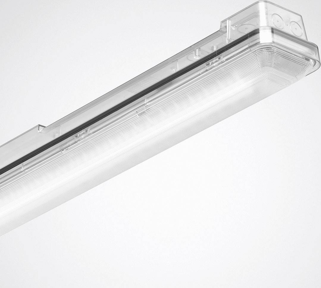 Transparente LED-Leuchte in länglicher Form, montiert an der Decke. Geeignet für helle Ausleuchtung von Innenräumen.
