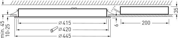 Technische Zeichnung eines runden Deckeneinbaustrahlers mit Maßangaben: Durchmesser ø415-445 mm, Min. Bauhöhe 45 mm.