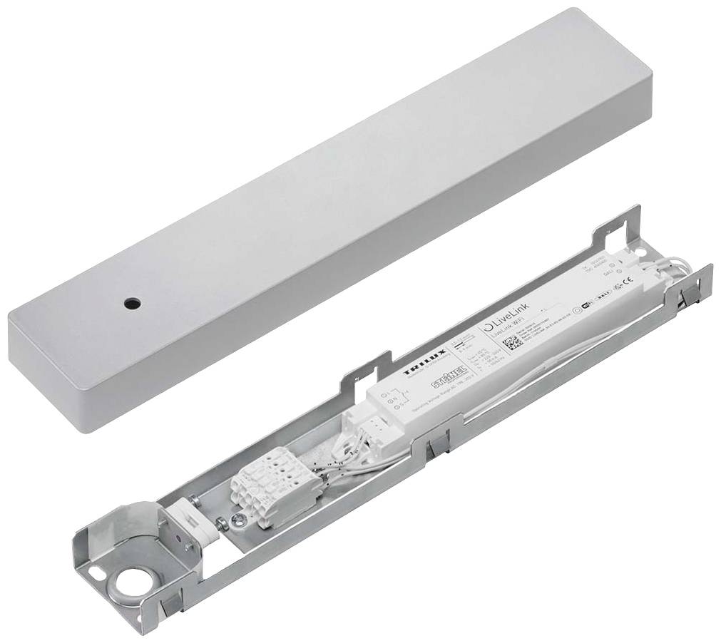 Ein rechteckiges LED-Treibergehäuse mit Abdeckung in modernem Design, geeignet für die elektrische Installation in Beleuchtungssystemen.
