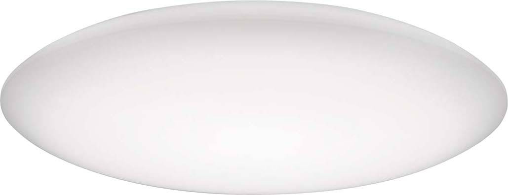 Weiße, ovale Deckenleuchte mit weichem Lichtschein.