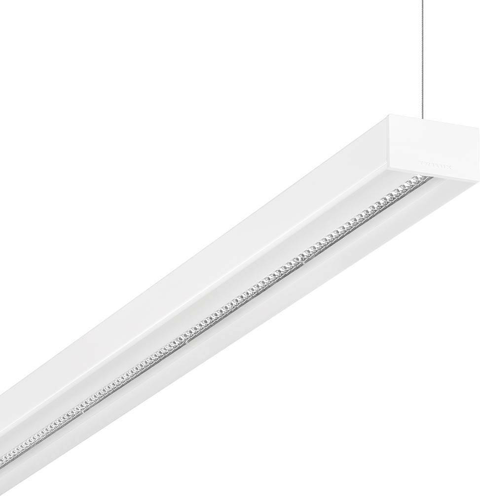 Eine weiße, lineare Deckenleuchte mit minimalistischer Gestaltung, aufgehängt an einem Kabel. Geeignet für moderne Innenräume.