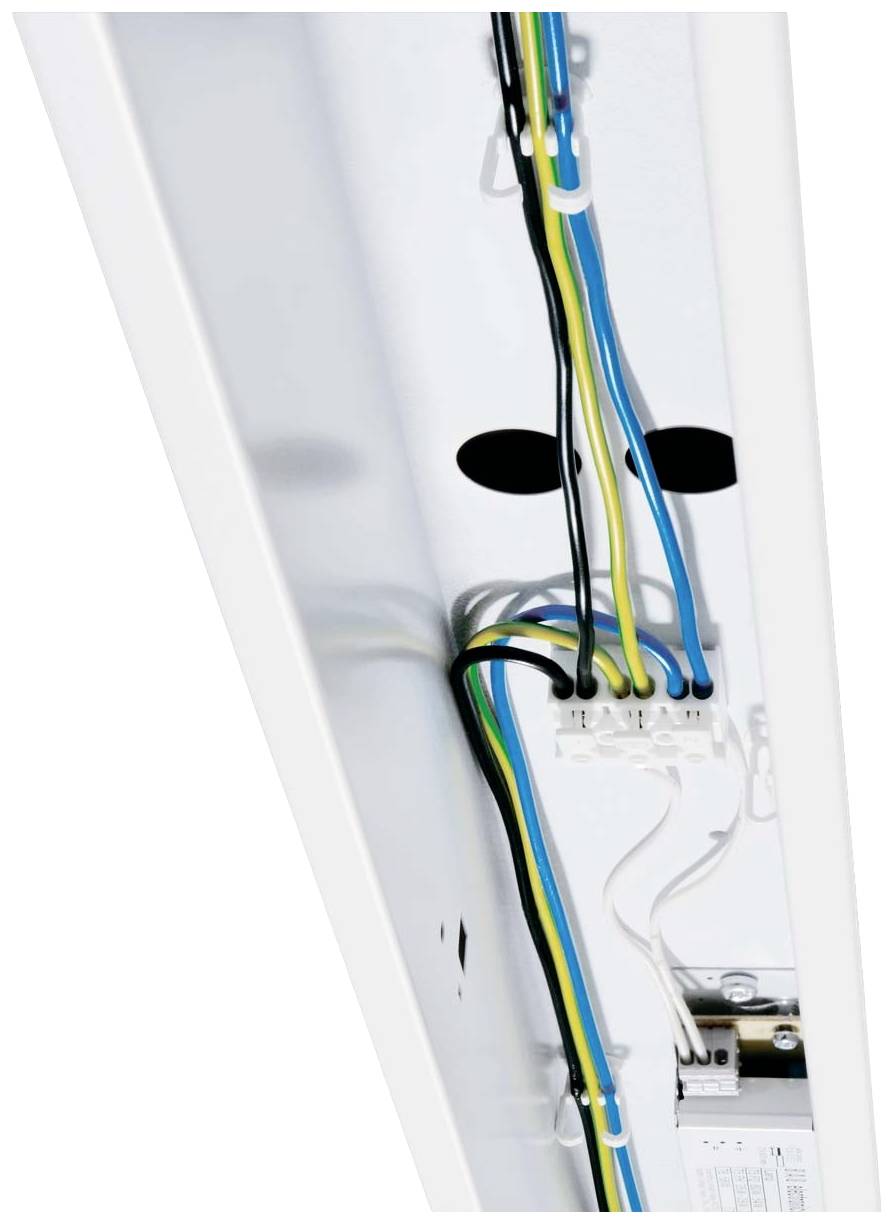 Innenansicht einer LED-Leuchte mit farblich kodierten Kabeln: grün-gelb, blau und schwarz. Die Kabel sind an einem Anschlussblock befestigt.