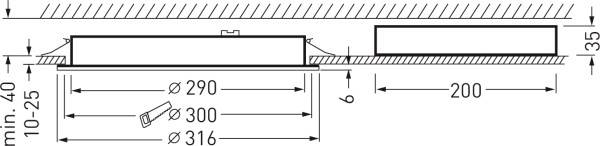 Querschnittszeichnung eines Einbauspots mit Abmessungen: Durchmesser 290-316 mm, Einbauhöhe 40 mm, Abstand zum Treiber 200 mm.