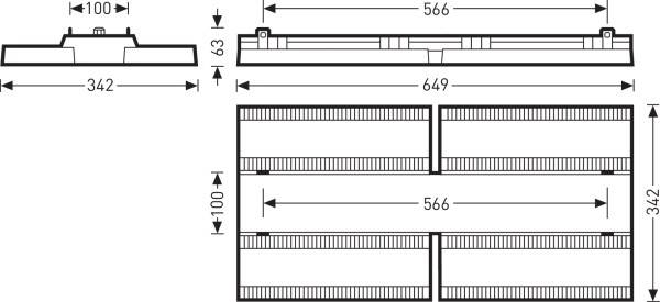 Technische Zeichnung eines rechteckigen Bauteils mit vier Segmenten. Maße: 566x342 mm. Zeigt Ansichten von oben und Seite.