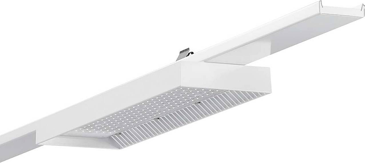 Weiße LED-Deckenleuchte mit rechteckigem Design und Kühlrippen, an einer Schiene montiert. Ideal für moderne Innenräume.