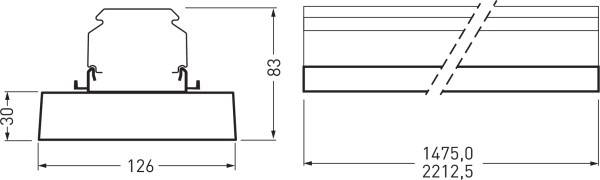 Technische Zeichnung eines Profils mit Querschnittsansicht links und Seitenansicht rechts. Maße: 30 x 126 x 83 mm; Länge: 1475 bis 2212,5 mm.
