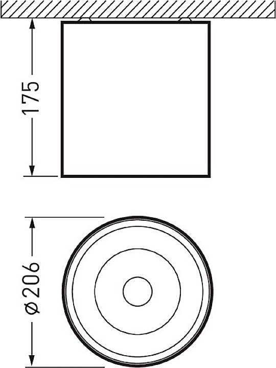 Technische Zeichnung einer quadratischen und kreisförmigen Form mit Abmessungen: Höhe 175 mm, Durchmesser 206 mm.