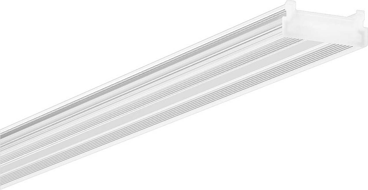 Ein weißes Aluminiumprofil mit einem transparenten Abdeckungsmechanismus, geeignet zur Befestigung und Abdeckung von LED-Streifen.