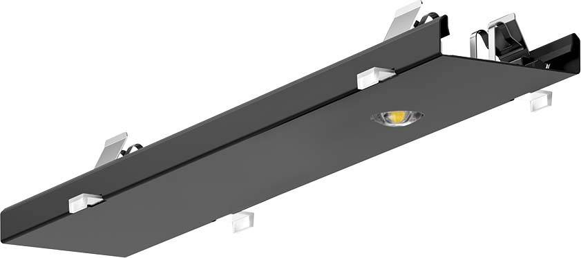 Ein rechteckiger, schwarzer Deckenstrahler mit einem sichtbaren LED-Licht in einem modernen Design.