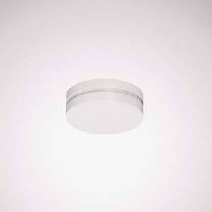 Eine runde, weiße Deckenleuchte, minimalistisch gestaltet, gegen einen neutralen Hintergrund montiert.