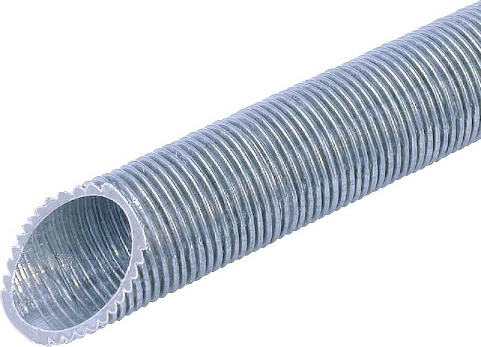 Ein flexibler, gerippter Metallrohrschlauch. Geeignet für elektrische Leitungen oder Installationen. Silberne Farbe.