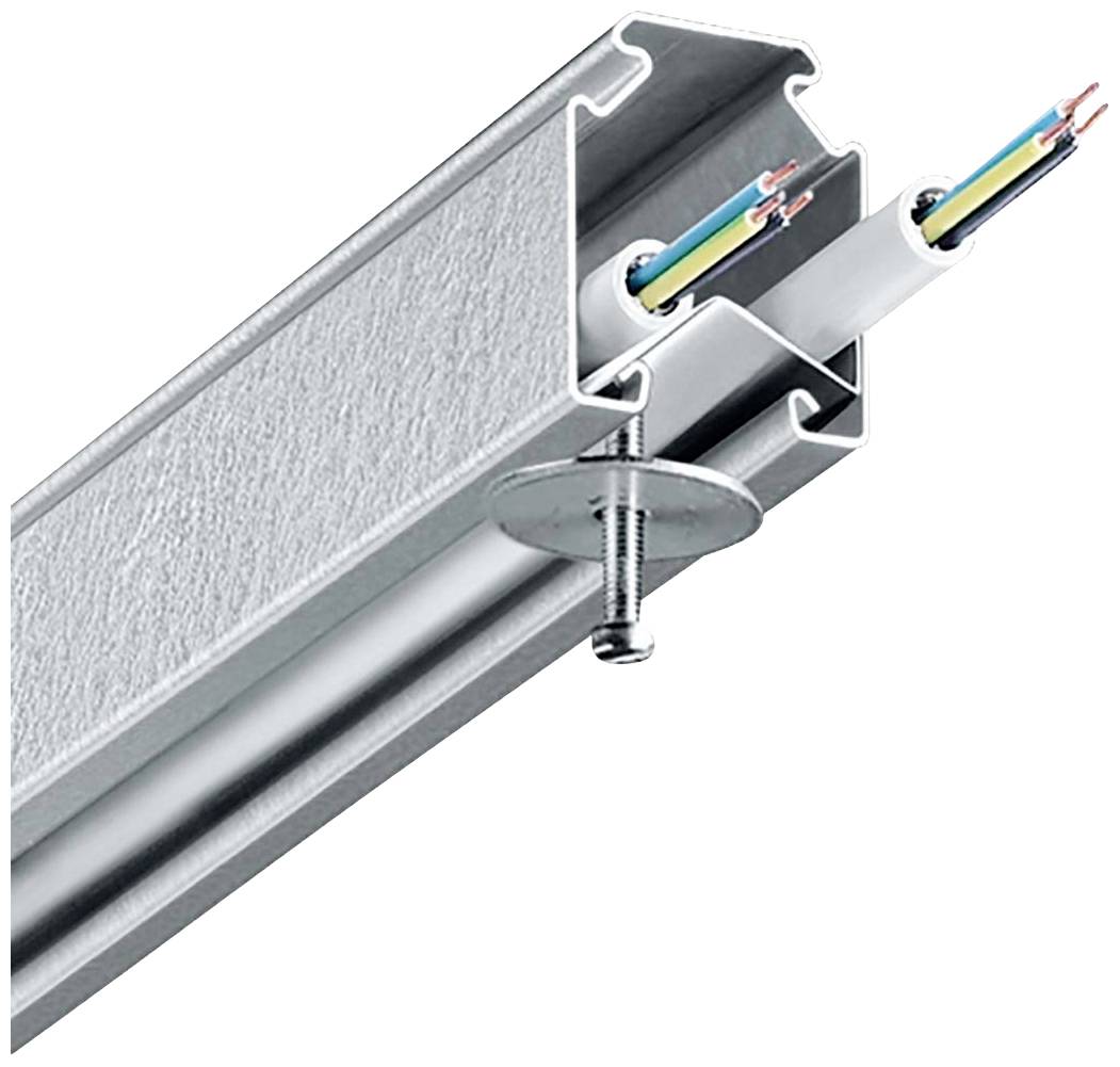 Ein silbernes Metallprofil mit zwei herausragenden Kabeln, die bunte Drähte enthalten, wird von einer Schraube gehalten.