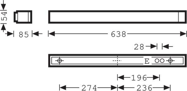 Technische Zeichnung eines rechteckigen Objekts mit Maßen: Länge 638 mm, Breite 85 mm, Höhe 54 mm. Zahlenangaben und Symbole zeigen Details.