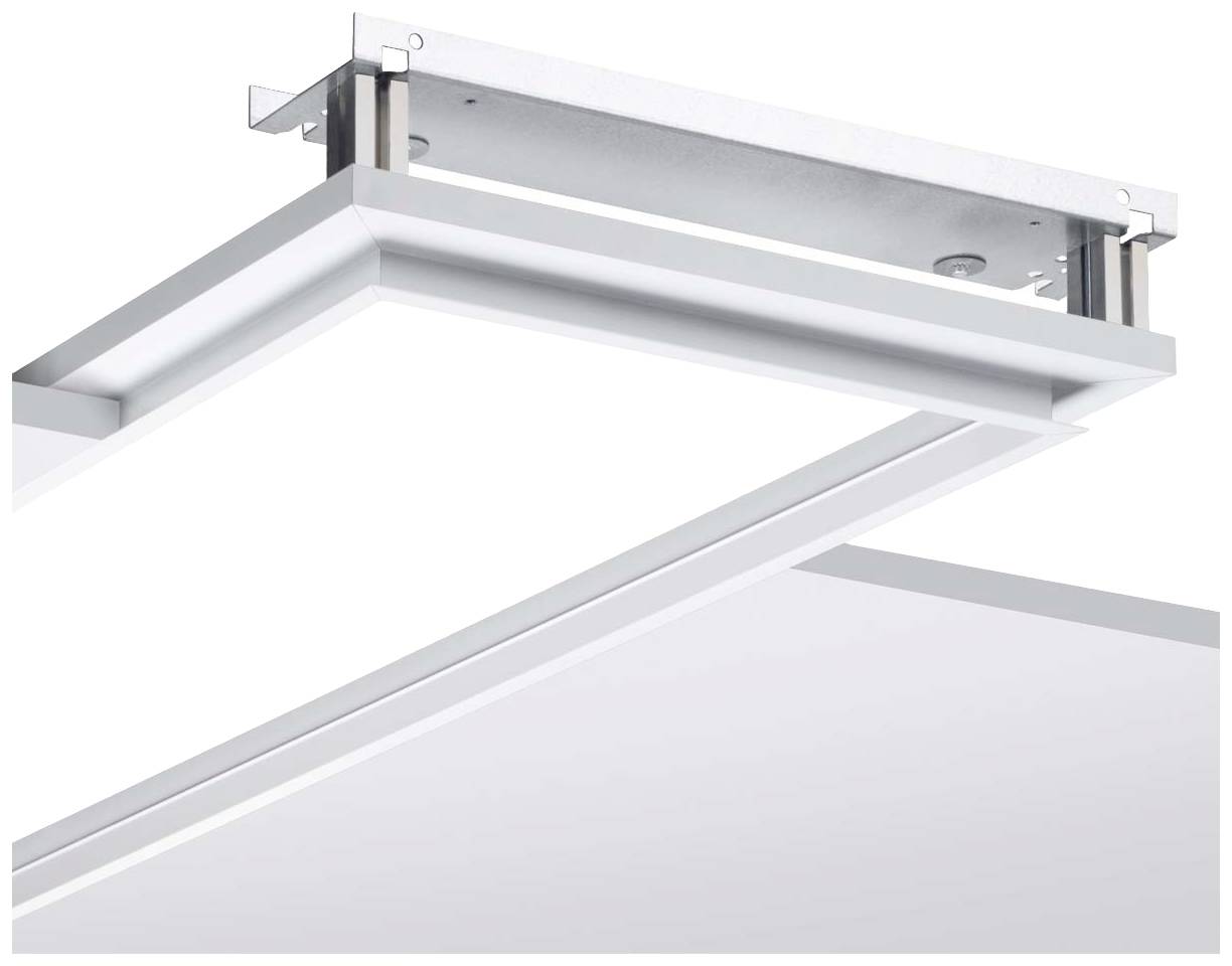 Eine moderne, rechteckige LED-Deckenleuchte in Weiß mit einem minimalistischen Design. Sie hängt an der Decke und hat ein schlankes Profil.