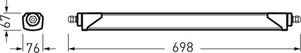 Technische Zeichnung einer röhrenförmigen Komponente mit seitlicher und frontaler Ansicht. Maße: Länge 698 mm, Durchmesser 76 mm.