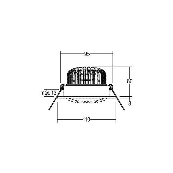 Technische Zeichnung eines runden Deckenstrahlers mit den Maßen: Breite 110 mm, Höhe 60 mm, Einbautiefe max. 13 mm.