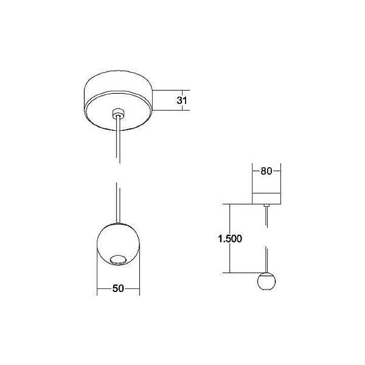 Technische Zeichnung einer Hängeleuchte mit Maßen: Deckenhalterung Durchmesser 80 mm, Kugel Durchmesser 50 mm, Höhe 1500 mm, Abstand zur Decke 31 mm.
