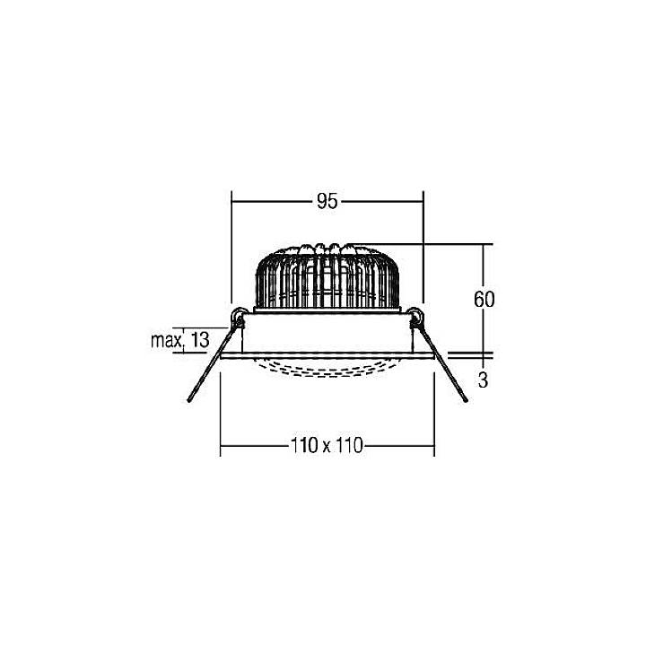 Technische Zeichnung eines runden Einbaustrahlers mit den Maßen: Durchmesser 95 mm, Höhe 60 mm, max. Einbautiefe 13 mm.
