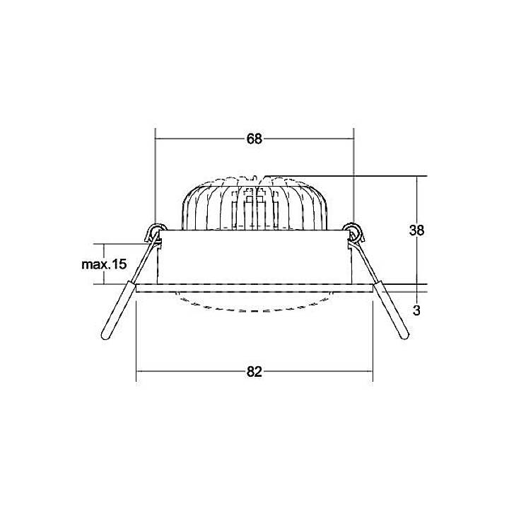 Technische Zeichnung eines runden Einbaustrahlers. Durchmesser oben 68 mm, unten 82 mm, Höhe 38 mm, max. Einbautiefe 15 mm.
