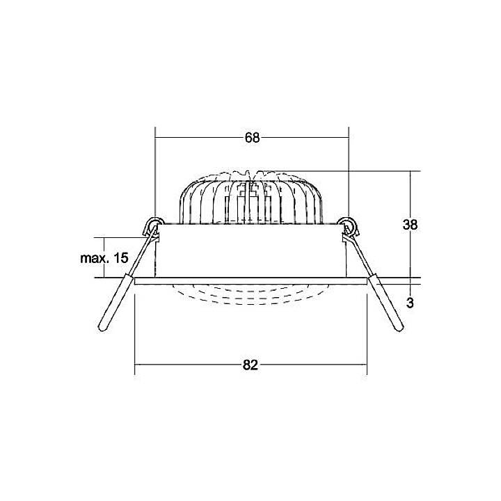 Technische Zeichnung eines Einbaustrahlers mit Maßangaben: Durchmesser 82 mm, Höhe 38 mm, Tiefe max. 15 mm, Breite 68 mm.