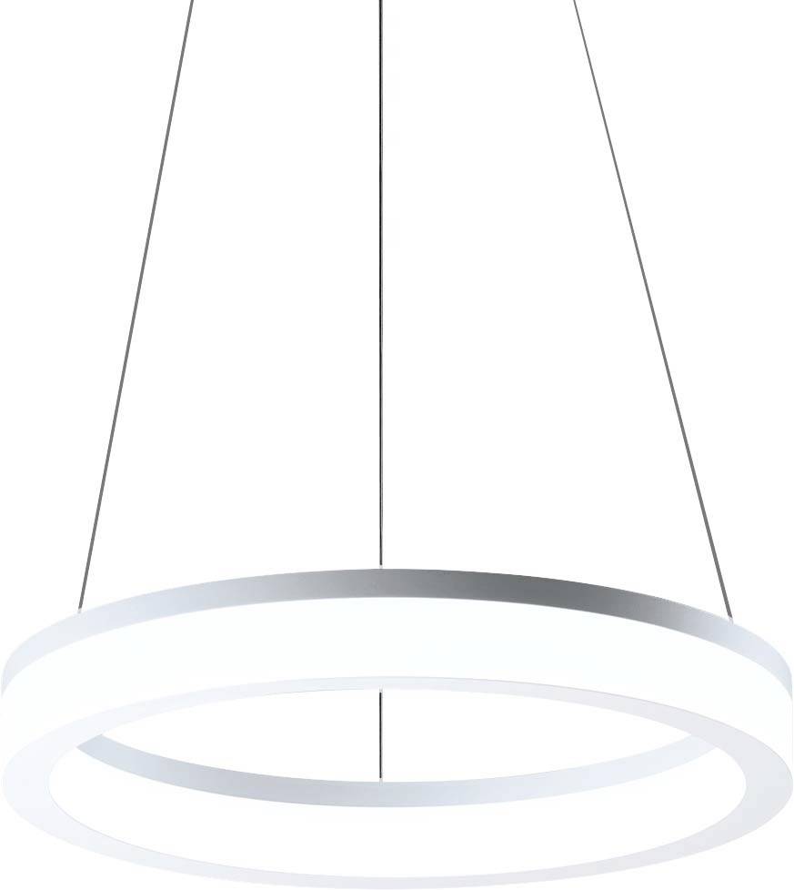 Eine moderne, minimalistische Hängelampe mit zwei ringförmigen LED-Leuchten, die von dünnen Drähten gehalten werden.