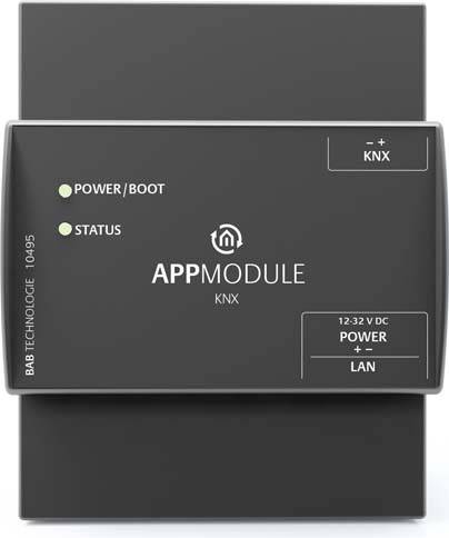 Ein KNX-App-Modul von BAB Technologie, mit LEDs für 'Power/Boot' und 'Status', sowie Anschlüssen für 12-32V DC Power und LAN.