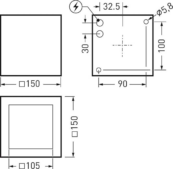 Konstruktionszeichnung eines quadratischen Metallteils, Maße: 150 x 150 mm und 100 x 100 mm mit Befestigungslöchern und Strommarkierung.
