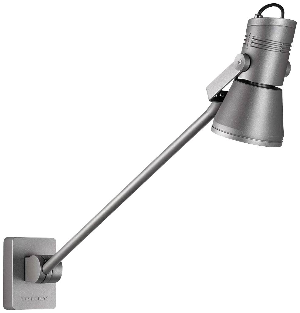 Silberne, verstellbare Wandleuchte mit langem, schwenkbarem Arm und zylindrischem Lampenschirm. Ideal zur gezielten Beleuchtung.