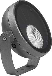 Ein grauer, runder LED-Strahler mit verstellbarem Standfuß, geeignet für den Innen- und Außeneinsatz, zeigt die Frontlinse.