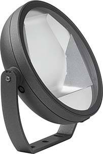 Eine runde, schwarze, moderne Außenlampe mit einem schrägen Reflektor, der das Licht effektiver streut. Ideal für Gebäudebeleuchtung.