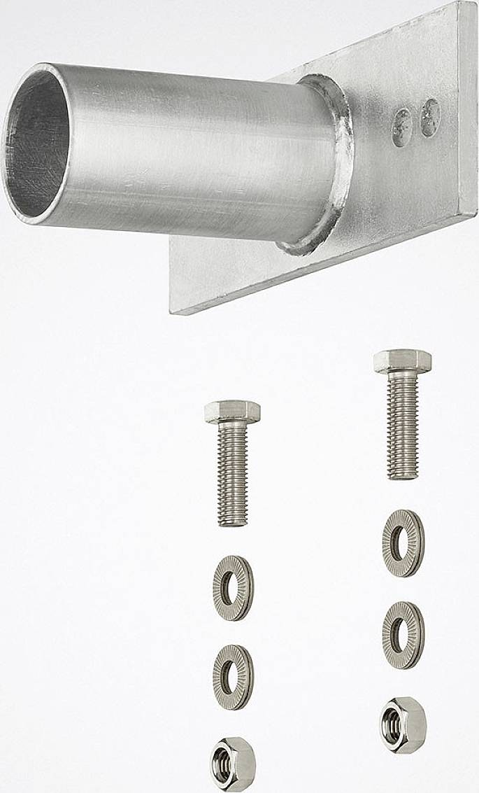 Metall-Halterung mit Rohr an einer rechteckigen Basis, daneben Schrauben, Muttern und Unterlegscheiben in separaten Reihen dargestellt.
