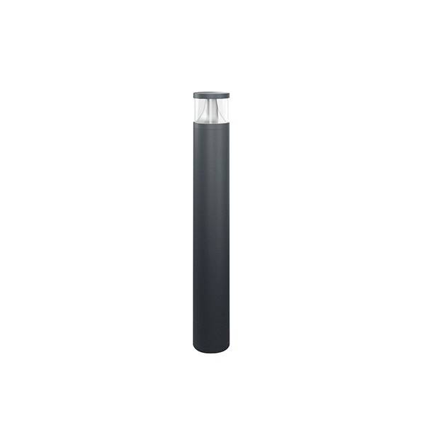 Eine schwarze, zylindrische Außenleuchte mit einem transparenten Abschnitt oben zur Lichtstreuung. Ideal für Gartenwege oder Einfahrten.