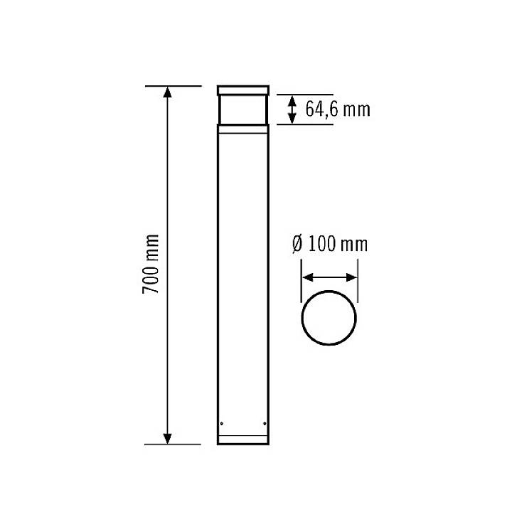 Technische Zeichnung eines zylindrischen Rohrs mit Maßen: Höhe 700 mm, Durchmesser 100 mm, Öffnung oben 64,6 mm.