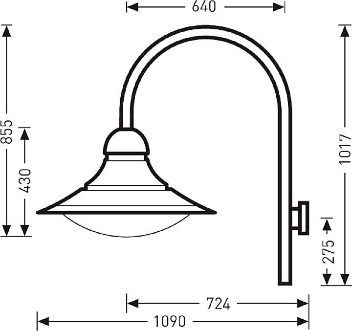 Technische Zeichnung einer Wandleuchte mit Maßen: Höhe 1017 mm, Breite 1090 mm, Tiefe 640 mm. Lampenschirm-Durchmesser 430 mm.