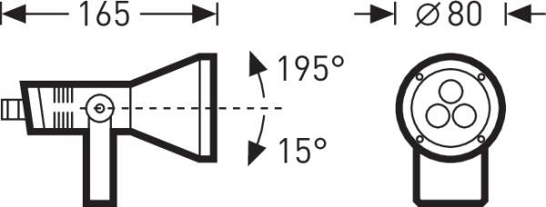 Diagramm eines Strahlers mit Maßen: Länge 165 mm, Durchmesser 80 mm. Schwenkwinkel 195° horizontal, 15° vertikal.