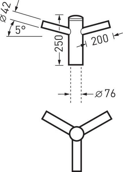 Technische Zeichnung eines Rohrverteilers mit Maßen: Rohre Ø42, Neigungswinkel 5 Grad, Längen 250 mm und 200 mm, Verteiler Ø76.