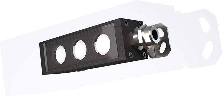 Ein rechteckiger Metallblock mit runden Öffnungen und einem zylindrischen Stutzen, möglicherweise ein technisches Gerät.